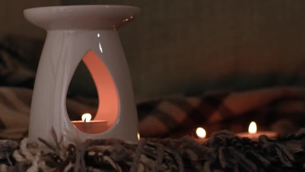 Essential Oil Burner Candles Medium Zoom Slow Motion Shot Selective — Stock Video