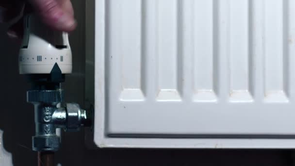 Hand Turning Central Heating Radiator Close Zoom Shot Slow Motion — Stock Video