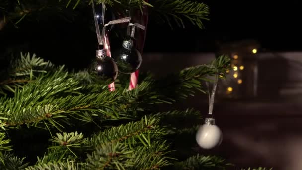 Christmas Tree Home Baubles Candy Cane Medium Zoom Shot Slow — Stock Video