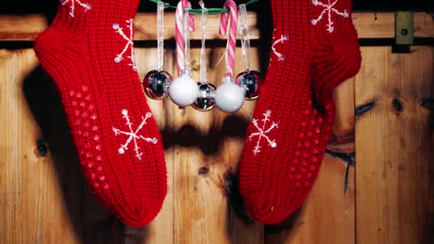 Christmas Wool Stockings Baubles Rustic Wooden Background Medium Selective Focus — Vídeo de Stock