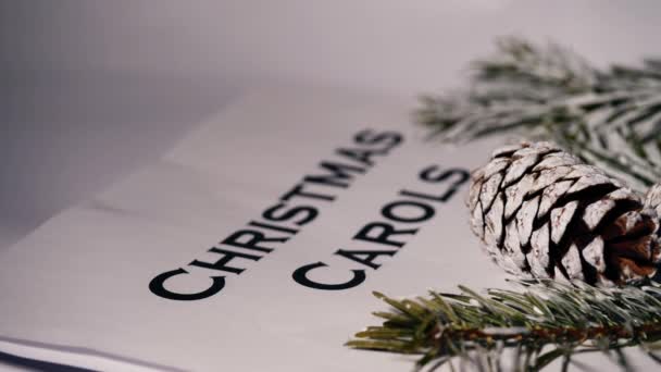 Christmas Carols Pine Cones Needles Winter Display Close Dolly Selective — Stock Video