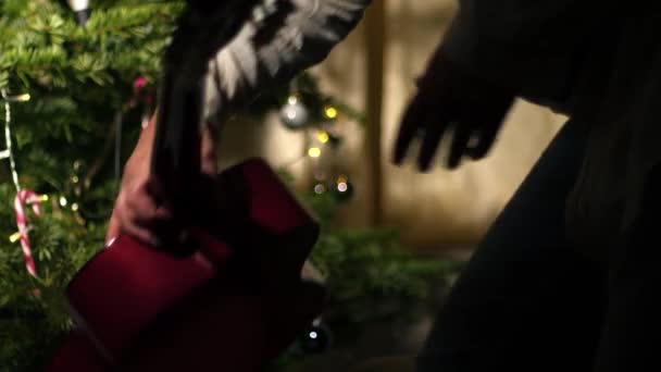 ツリーミディアム4Kショット選択的な焦点の前にギターでクリスマスキャロルを再生 — ストック動画