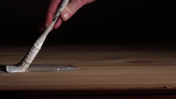 Peinture Main Planche Bois Avec Pinceau Moyen Zoom Focus Sélectif — Video