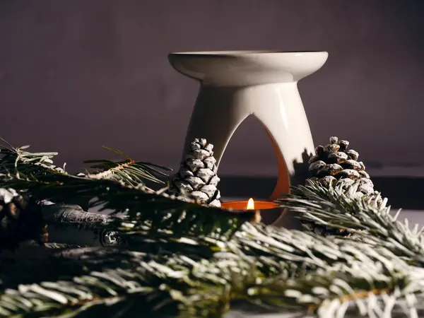 Zen Essential oil burner with winter pine cones wide shot selective focus