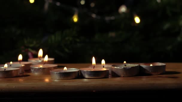 Tealight Candles Flickering Bokeh Background Medium Shot Selective Focus — Stock Video