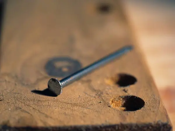 Tahta makro bloktaki çivi. Yakın çekim seçici odaklanma.