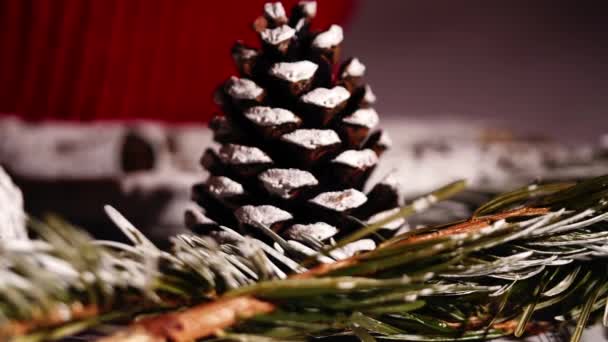 Winter Pine Cones Christmas Carols Sheet Music Close Zoom Dolly — Stock Video