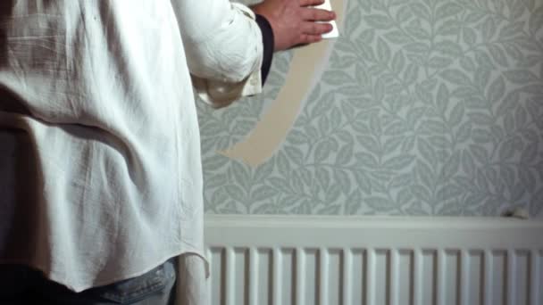 家の内部の壁媒体からの手のストリッピングの壁紙のズームの遅い動きの選択的な焦点 — ストック動画