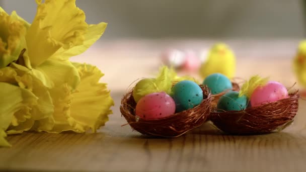 Paskalya Yumurtaları Nergis Çiçekleri Kuleye Yakın Seçici Odak Noktası Görüntüler — Stok video