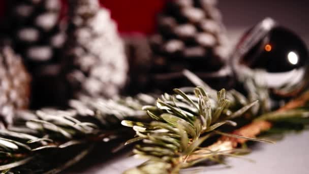 ウィンターパインコーンとホワイトバックグラウンドのクリスマスツリー松の枝 人形を閉じる 4Kショット選択的な焦点 — ストック動画
