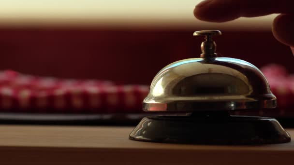 Hand Rings Bell Counter Service Attention Close Selective Focus — Stock Video