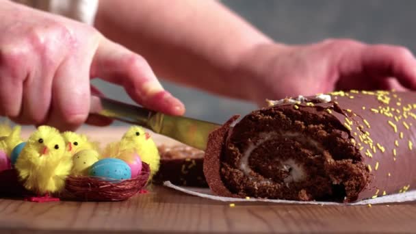 Húsvéti Csokoládé Torta Szolgálja Közelről Lassított Felvétel Szelektív Fókusz — Stock videók