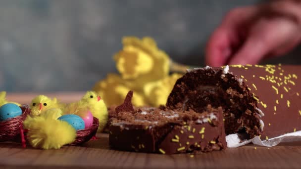 Vieren Van Pasen Chocoladetaart Narcissen Bloemen Display Close Schot Selectieve — Stockvideo