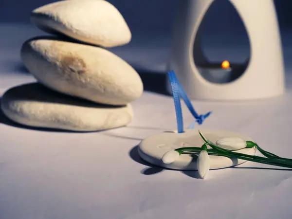Zen aromatherapy oil burner with snowdrop flowers medium shot selective focus