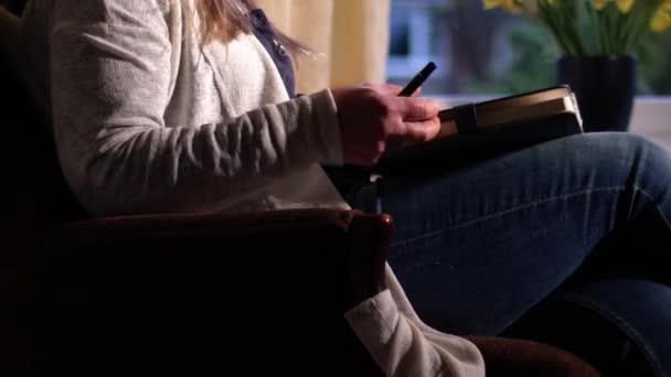 Γυναίκα Που Κάθεται Στην Καρέκλα Γράφοντας Στο Ημερολόγιο Μέσο Zoom — Αρχείο Βίντεο