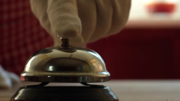 Hand Rings Bell Counter Service Attention Close Zoom Selective Focus — Stock Video