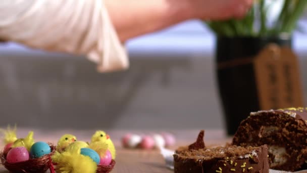 Świętowanie Wielkanoc Ciasto Czekoladowe Żonkil Kwiaty Wyświetlacz Średni Zoom Strzał — Wideo stockowe