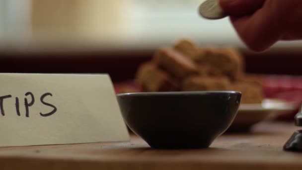 Hand Leaves Tips Cafe Bar Medium Shot Selective Focus — Stock Video