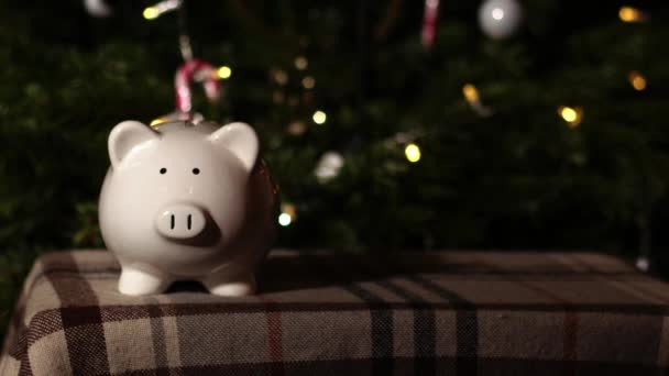 クリスマスツリーバックグラウンドのピギーバンク貯蓄 中型ズームショット選択的な焦点 — ストック動画