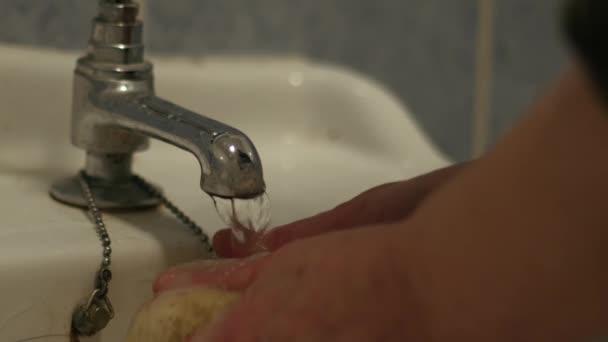 Woman Using Natural Sponge Wash Bathroom Basin Tap Close Shot — Stock Video