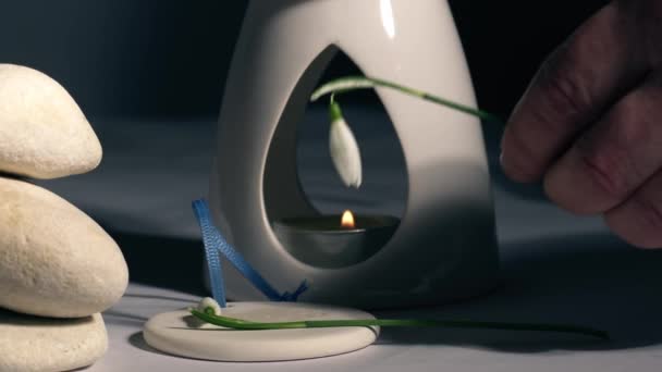 Bruciatore Olio Aromaterapia Zen Con Fiori Bucaneve Zoom Medio Messa — Video Stock