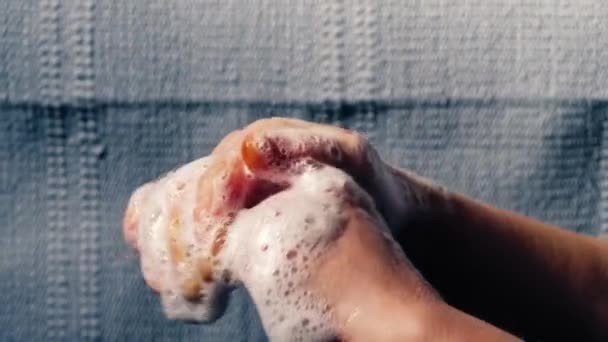 石鹸水で手を洗うことは中型ズーム選択焦点を突然 — ストック動画