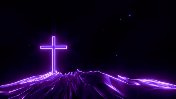 Христианский Крест Распятие Фиолетовом Светящемся Горном Ландшафте Анимации — стоковое видео