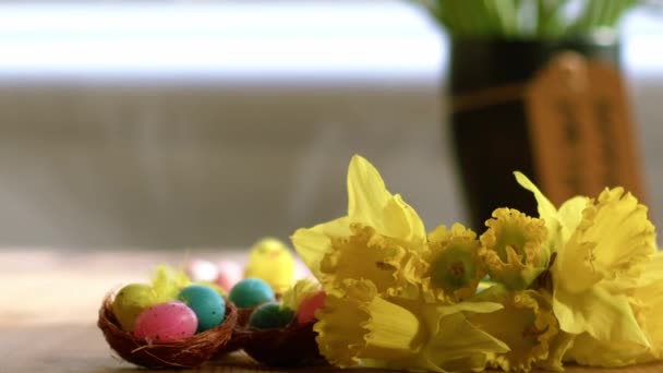 Påskägg Och Påsklilja Blommor Visar Närbild Zoom Dolly Skott Selektivt — Stockvideo