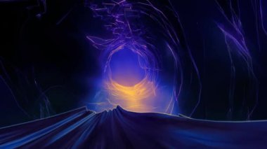 Gizemli mavi girdap solucan deliği tüneli mavi neon fütüristik fantezi manzarası 3 boyutlu uzay konseptinde yüzüyor. 