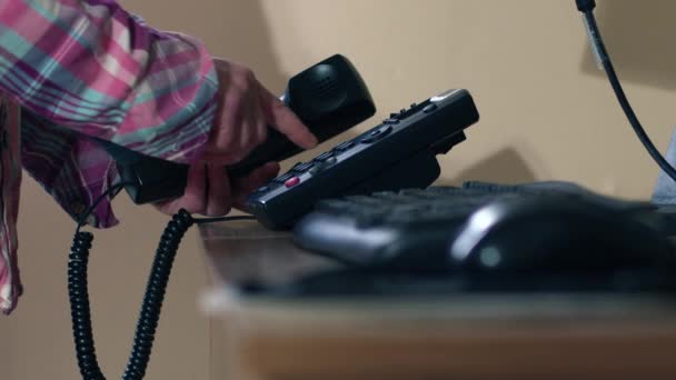 Hand Dialing Number Office Phone Shot Slow Motion Selective Focus — Stock Video