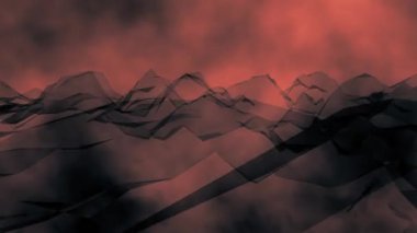 Kırmızı bulutlu gökyüzünde yüzen mat ipeksi siyah dalgalar. 4k soyut kavram animasyonu.
