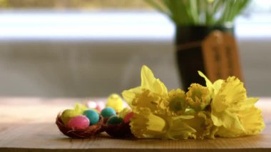 Paskalya yumurtaları ve nergis çiçekleri seçici odak noktası olan 4k doli görüntüsü verir