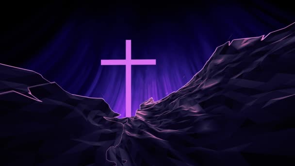 Christliches Kreuz Kruzifix Auf Felsigen Berghügeln Mit Lichtstrahlen Animation — Stockvideo