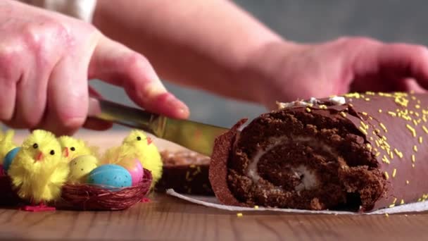Wielkanocne Ciasto Czekoladowe Obsługujące Zbliżenie Powiększ Slow Motion Shot Selektywny — Wideo stockowe