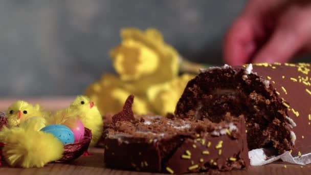 Γιορτάζοντας Πάσχα Κέικ Σοκολάτας Και Λουλούδια Ασφόδελος Οθόνη Μεσαίου Zoom — Αρχείο Βίντεο