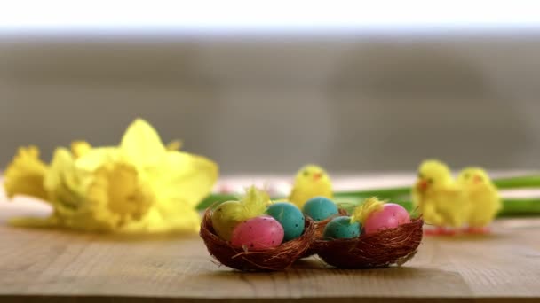 Γιορτάζοντας Πάσχα Αυγά Και Λουλούδια Ασφόδελος Οθόνη Μέσο Zoom Shot — Αρχείο Βίντεο