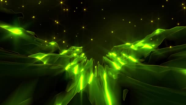 Groene Neon Rotsachtige Hoge Berg Landschap Met Sterren Achtergrond Animatie — Stockvideo