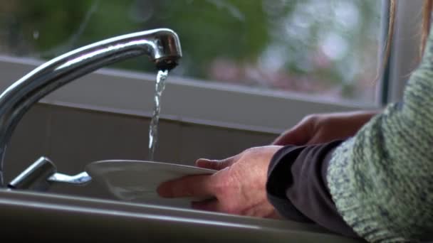 Woman Washing Dishes Sink Medium Slow Motion Zoom Shot Selective — Stock Video