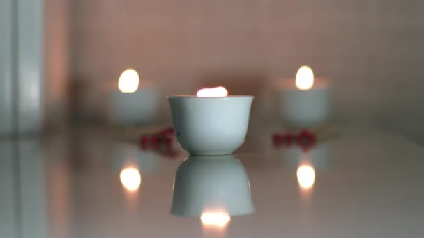Candles Matches Burning Relaxing Atmosphere Medium Shot Selective Focus — Stock Video