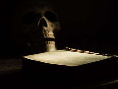 Ürkütücü, eski bir kitap, insan kafatası, orta boy seçici odaklı.
