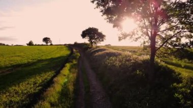 Gün batımında kırsal alanlara giden yol hava aracı 4k seçici odak noktası.