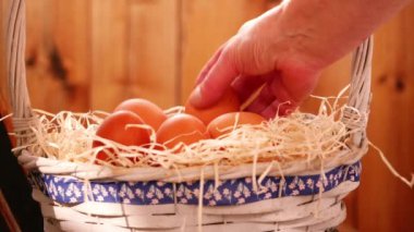 Paskalya sepetine yeni bırakılmış yumurtaları toplarken yavaş çekim seçici odak noktası
