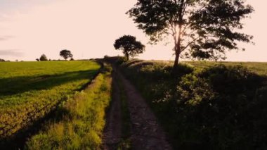 Gün batımında kırsal alanlardan geçen yol hava aracı zoom seçici odak noktası