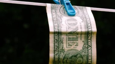 Amerikan doları çamaşır ipinde kurumak için sarkıyor. Yakın çekim seçici odak noktası.