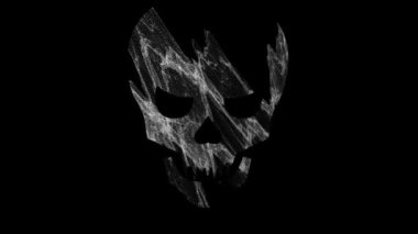 Şeytani kafatası siyah beyaz hayalet etkisi ile yüzleşir. 4k konsept animasyon üzerinde.