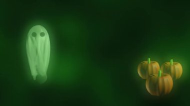 Uzayda kabaklarla süzülen yeşil bir hayalet. Üç boyutlu 4k animasyon.