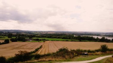 Yorkshire 'da olgunlaşmış buğday ekinleri 4k genişliğinde İHA hava saldırısı seçici odak noktası