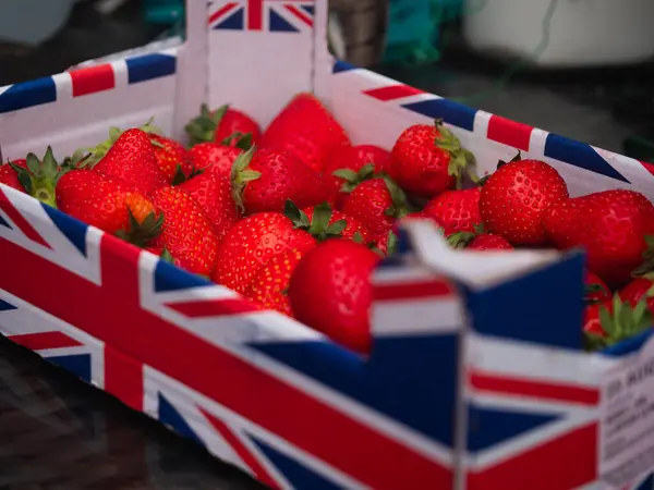 Bir kutu İngiliz Çileği. Orta boy seçici odak noktası.