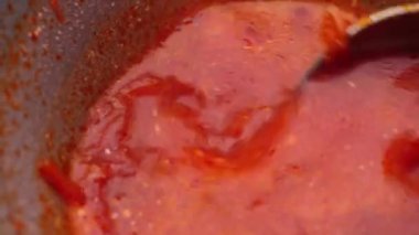 Soğanlı Ukrayna pancar çorbası. Makro zoom yakın çekim seçici odak noktası.