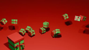 Kırmızı ve Yeşil Noel hediyeleri 3 boyutlu 4k animasyon düşüyor.